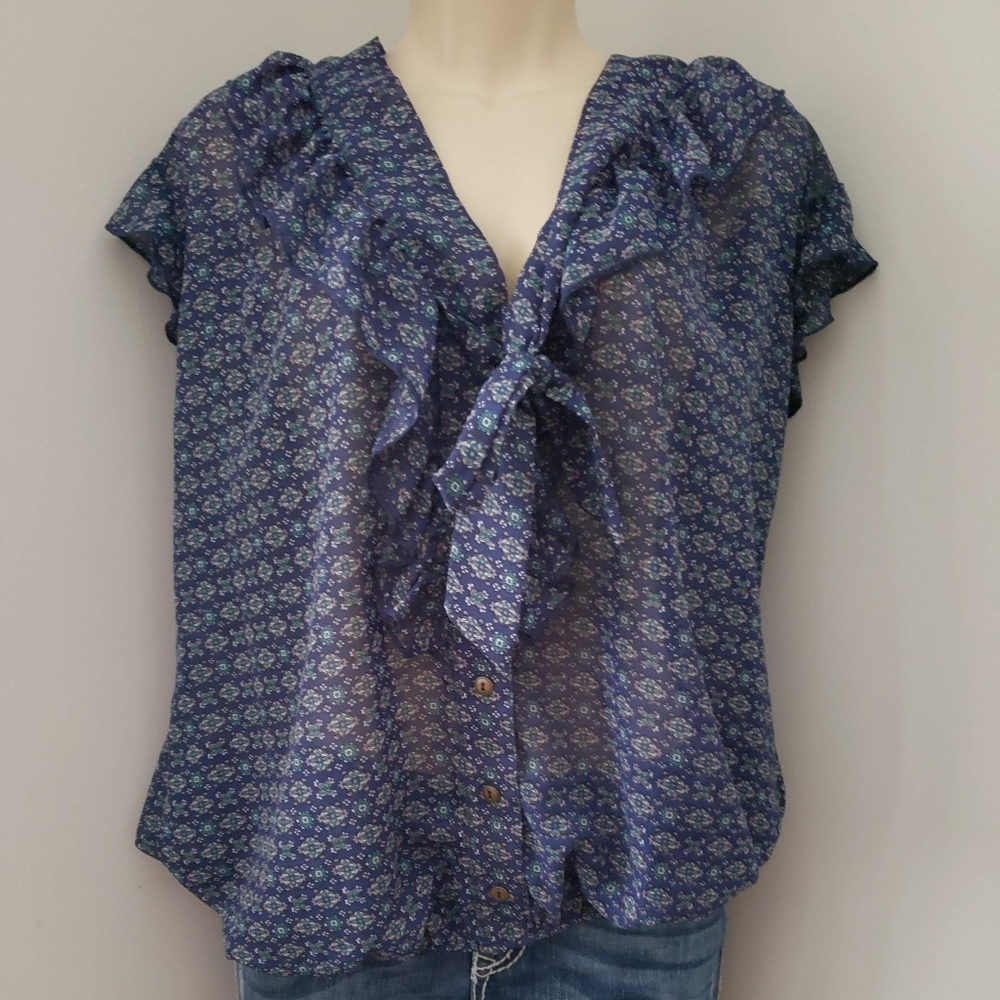 EUC Torrid Plus Size Women's Blue Button Front Ruffle Short Sleeve Sheer Blouse